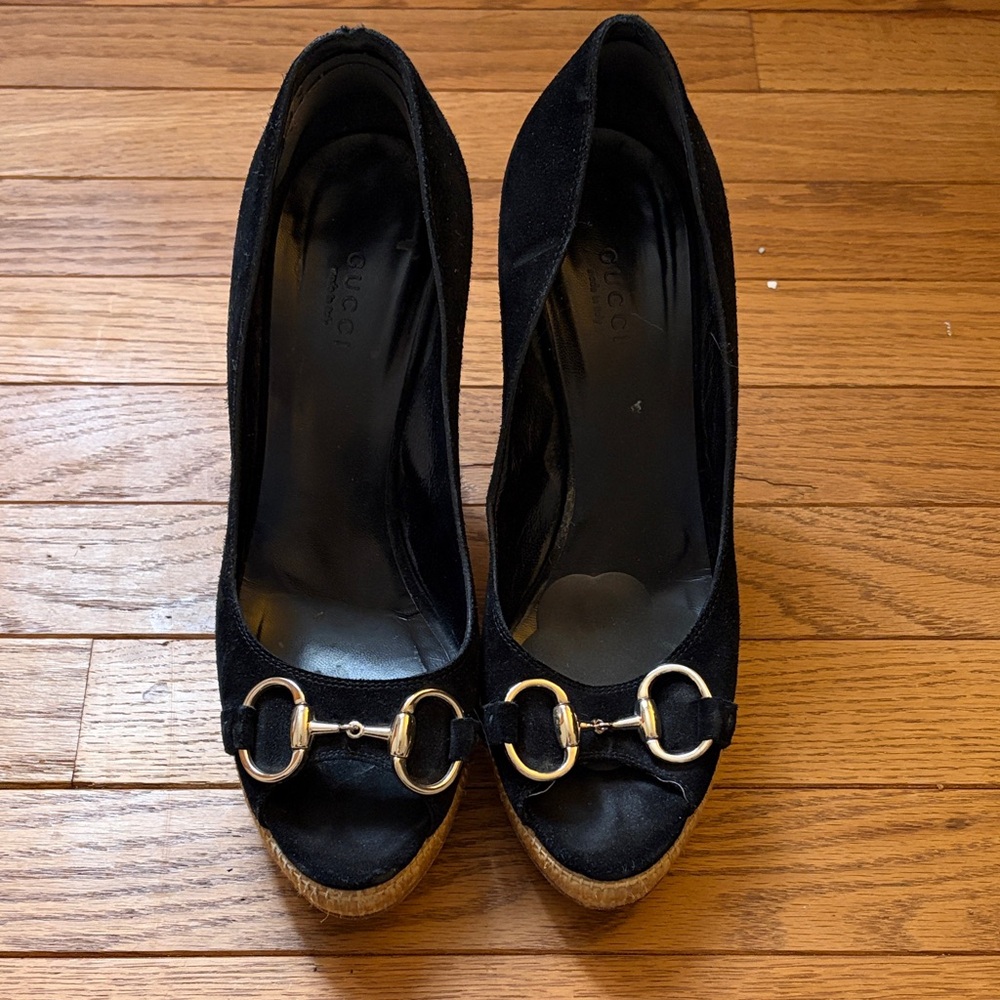 Gucci Black Wedge Shoes with Gold Accents